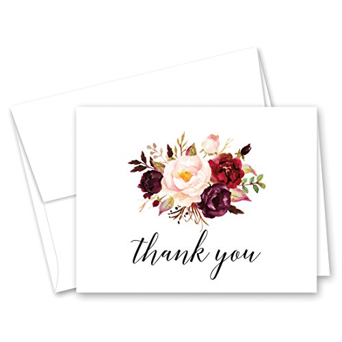 InvitationHouse 50 cnt Rustic Watercolor Floral Thank You Cards with Envelopes (Burgundy)
