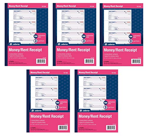 Adams Money and Rent Receipt Book, 3-Part, Carbonless, White/Canary/Pink,7 5/8″ x 10 7/8″, 100 Sets per Book, 5 Books, 500 Sets Total (TC1182)