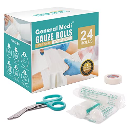 Conforming Bandage, 4” x 5 Yards Stretched, 24-Pack Gauze Bandage Rolls with Bonus Tape + Scissors, First Aid Supplies, Non-Sterile