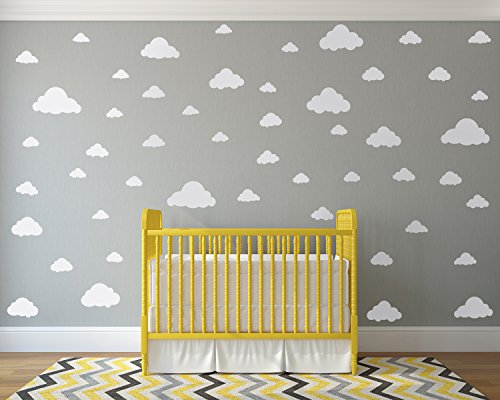 White Clouds Sky Wall Decals – Easy Peel + Stick 50 Clouds Pack – Kids Playroom Nursery Sky for Baby Boy or Girl – Vinyl Sticker Art Large Decoration Graphic Decor Mural