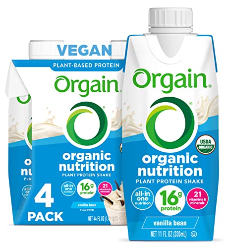 Orgain Organic Vegan Plant Based Nutritional Shake, Vanilla Bean – Meal Replacement, 16g Protein, 21 Vitamins & Minerals, Dairy Free, Gluten Free, Packaging May Vary, 11 Fl Oz (Pack of 4)
