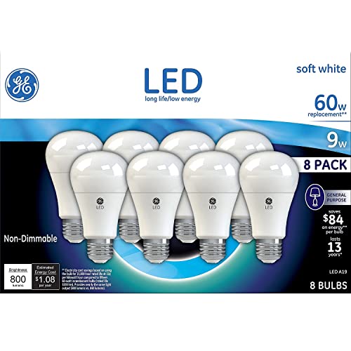 GE Lighting LED A19 Light Bulb with Medium Base, 9-Watt, Soft White, 8-Pack, Non-dimmable