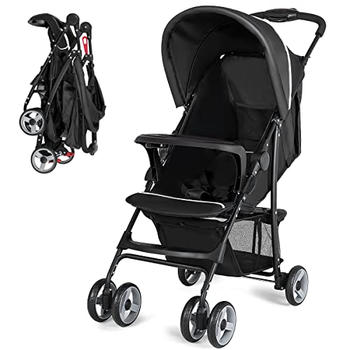 Baby Joy Lightweight Stroller, Compact Toddler Travel Stroller for Airplane, Infant Stroller w/Adjustable Backrest/Footrest/Canopy, 5-Point Harness, Storage Basket, Easy One-Hand Fold, Black