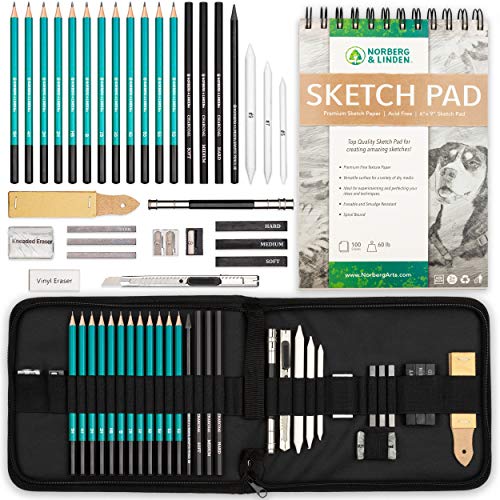 Norberg & Linden XL Drawing Set – Sketching, Graphite and Charcoal Pencils. Includes 100 Page Drawing Pad, Kneaded Eraser, Blending Stump. Art Kit and Supplies for Kids, Teens and Adults.