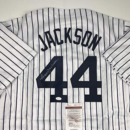 Autographed/Signed Reggie Jackson New York NY Pinstripe Baseball Jersey JSA COA