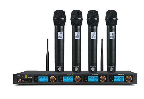 PRORECK MX44 4-Channel UHF Wireless Microphone System with 4 Hand-held Microphones Karaoke Machine for Party/Wedding/Church/Conference/Speech