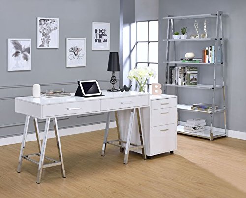 Major-Q Modern Home Office Furniture High Gloss & Chrome White Desk and Cabinet Sets