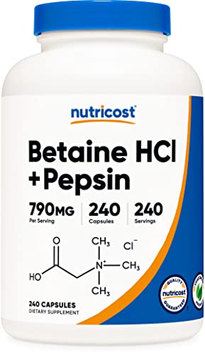 Nutricost Betaine HCl + Pepsin 790mg, 240 Capsules – Gluten Free & Non-GMO