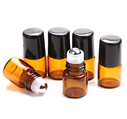 Furnido 25 Pack 1ml Amber Glass Roll on Bottle For Essential Oils,Perfume Vial with Stainless Steel Roller Ball,Black Caps Mini Sample Vials Cosmetics Small Container