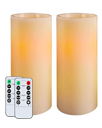 Homemory 9″ x 3″ Flameless Candles Battery Operated, Flickering LED Pillar Candles with Timers and 2 Remote Controls, Indoor Only, Flat Top, Ivory White Wax, Set of 2