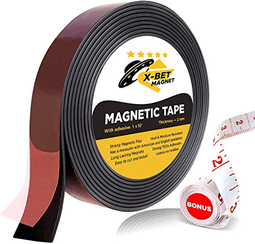 Flexible Magnetic Tape – 1 Inch x 10 Feet Magnetic Strip with Strong Self Adhesive – Ideal Magnetic Roll for Craft and DIY Projects – Sticky Magnets for Fridge and Dry Erase Board
