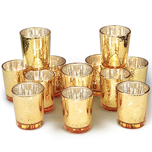 Volens Gold Votive Candle Holders Bulk, Mercury Glass Tealight Candle Holder Set of 12 for Wedding Decor and Home Decor