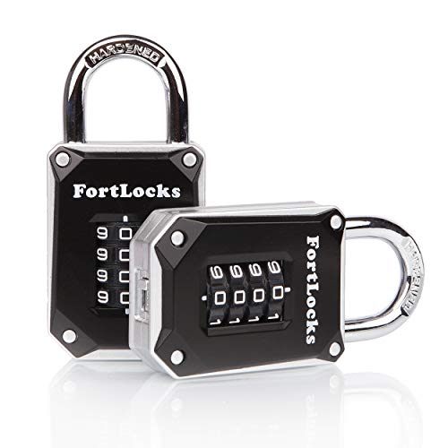 2 Pack FortLocks Gym Locker Lock – 4 Digit, Heavy Duty, Hardened Stainless Steel, Weatherproof and Outdoor Combination Padlock – Easy to Read Numbers – Resettable and Cut Proof Combo Code – Silver