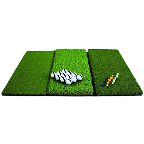 Rukket Tri-Turf Golf Hitting Mat Attack, Portable Driving, Chipping, Training Aids for Backyard with Adjustable Tees and 12 Foam Practice Balls (XL (36″ x 23.5″)