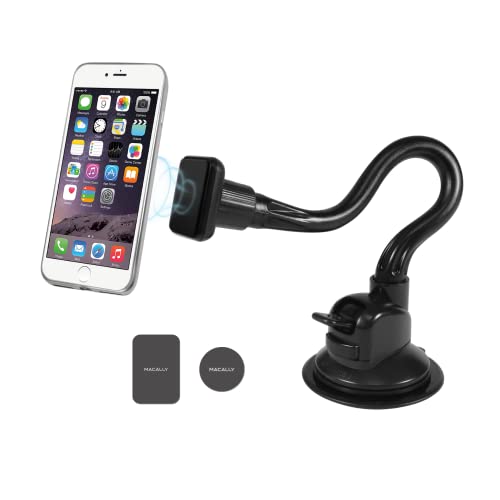 Macally Windshield Phone Mount for Car Magnetic – Suction Cup Window Mount Phone Holder with 12″ Long Gooseneck Arm & Super Strong Magnet Mount for Cell Phone, iPhone, Smartphone