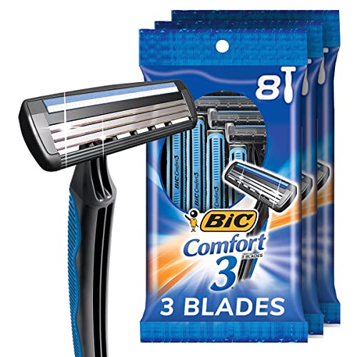 BIC Comfort 3 Disposable Razors for Men for an Ultra-Soothing, Comfortable Shave, 3 8-count Packs of Razors With 3 Blades, 8 Count (Pack of 3) | The Storepaperoomates Retail Market - Fast Affordable Shopping