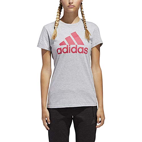 adidas Women’s Badge of Sport Color Fill Logo Tee, Medium Grey Heather/Energy Pink, Medium