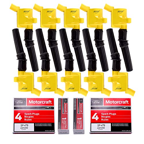 MAS Set of 10 Ignition Coil Pack Yellow DG508 Curved Boot & Motorcraft Spark Plug SP479 Compatible with Ford F150 F250 Expedition E150 Lincoln Replacement for FD503 DG457 C1417