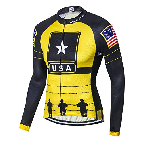 USA Flag Star Men Cycling Jersey Top Long Sleeve Bicycle Jacket Bike Clothing Breathable Black Yellow Size XL