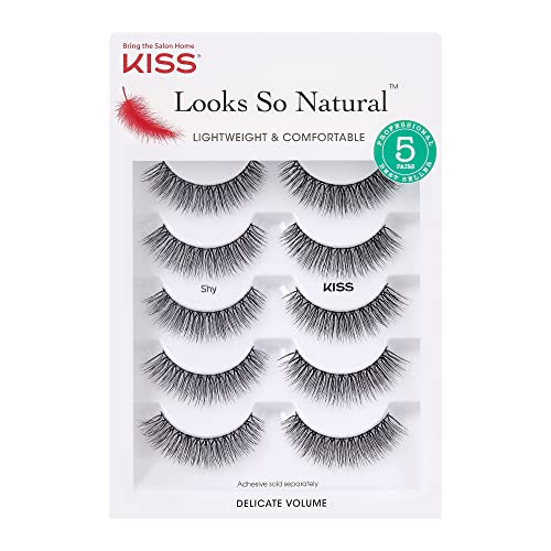 KISS Looks So Natural False Eyelashes Multipack, Lightweight & Comfortable, Tapered End Technology, Reusable, Cruelty-Free, Contact Lens Friendly, Style ‘Shy’, 5 Pairs Fake Eyelashes