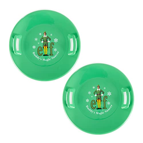 Slippery Racer Downhill Pro Heavy-Duty Cold Resistant Buddy The Elf Adults and Kids Plastic Saucer Disc Snow Sled with Handles, Green