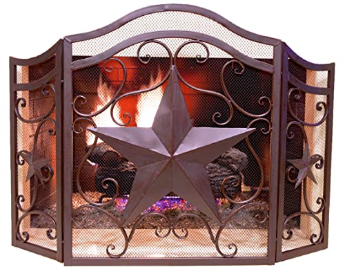 Decorative Metal Heavy Foldable Fireplace Screen with Star and Beautiful Scrolls in Brown Metal Mesh Rustic Western Country Style