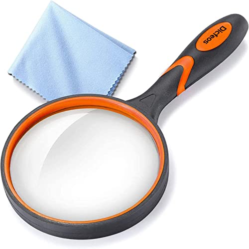 Dicfeos Magnifying Glass 10X Handheld Reading Magnifier with Cleaning Cloth-100MM Large Magnifying Lens with Non-Slip Soft Handle for Seniors Book Newspaper Reading and Kids Nature Hobby Exploration