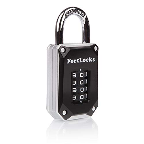 FortLocks Gym Locker Lock – 4 Digit, Heavy Duty, Hardened Stainless Steel, Weatherproof and Outdoor Combination Padlock – Easy to Read Numbers – Resettable and Cut Proof Combo Code – 1 Pack Silver