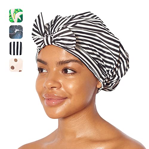 Kitsch Luxury Shower Cap for Women – Waterproof Shower Caps with Anti Slip Silicon Grip | Hair Cap for Shower for All Hair Types with One Size Fits Most | Reusable Shower Caps for Women, (BnW Stripe)