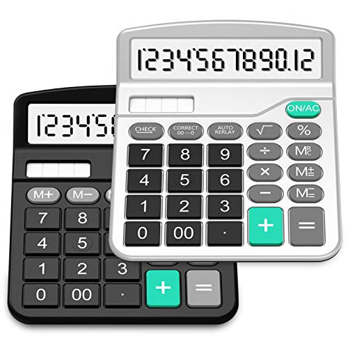 Calculators, Splaks 2 Pack Standard Functional Desktop Calculators Sola and AA Battery Dual Power Electronic Office Calculator with 12-Digit Large Display (1 Basic Black&1 Updated Silver)