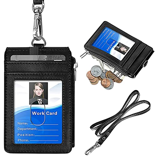 ELV Badge Holder with Zipper, PU Leather ID Badge Card Holder Wallet with 5 Card Slots, 1 Side RFID Blocking Pocket and 20 inch Neck Lanyard Strap for Offices ID, School ID, Driver Licence (Black)