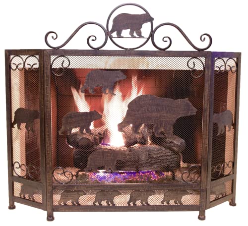 Decorative Metal Heavy Foldable Fireplace Screen with Bears in Brown Metal Mesh Rustic Western Country Style