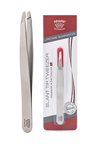 Regine Switzerland Slant Tweezer – Handmade in Switzerland – Professional Eyebrow, Facial & Hair Remover – Etched Interior Tip to Grab Hair From the Root – Perfectly Aligned Tips – Stainless Steel