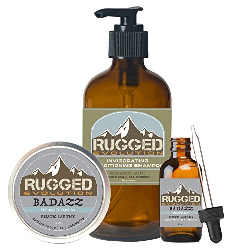 Rugged Evolution [Badazz (Rustic Earthy Scented) – Strong Strength] Premium Beard Care Combo Package [Daily Man] – Facial Hair Care Balm, Beard Oil & Shampoo – Great Gift Idea (3 Piece Set)