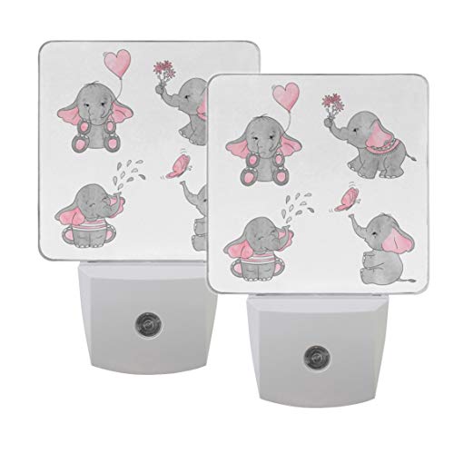 Naanle Set of 2 Cute Cartoon Baby Elephant Hold Heart Shape Balloon Flowers Play Butterfly Water Drop Fountain Nightlight Auto Sensor LED Dusk to Dawn Night Light Plug in Indoor for Adults