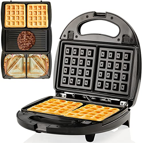 OVENTE Electric Sandwich Maker, Panini Press Grill and Waffle Iron Set with 3 Removable Non-Stick Plates, 750W Toaster Perfect for Breakfast Sandwiches Snacks Grilled Cheese Bacon Steak, Black GPI302B