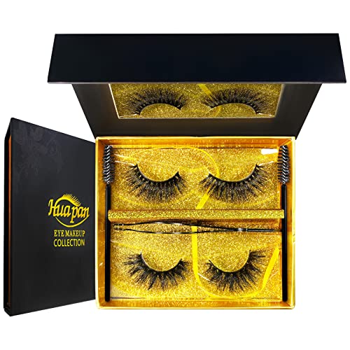 3D & 4D Mink Fur False Eyelashes Pack of 2 Pairs,100% Natural Soft Curl Genuine Siberian Mink Hair Hand-made Luxury Fashion Fake Lashes in Premium Box Package with Mirror & Tweezer