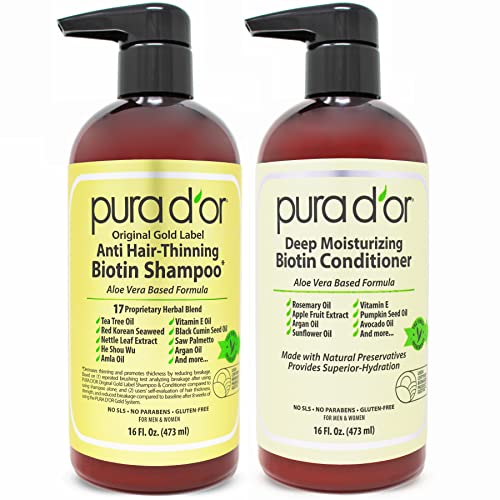 PURA D’OR Anti-Thinning Biotin Shampoo and Conditioner Natural Earthy Scent, CLINICALLY TESTED Proven Results DHT Blocker Thickening Products For Women & Men, Original Gold Label Hair Care Set 16oz x2