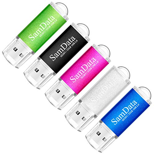 SamData 5 Pack 32GB USB Flash Drives USB 2.0 Thumb Drives Memory Stick Jump Drive Zip Drive, 5 Colors: Black Blue Green Silver Pink
