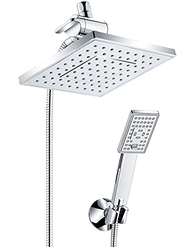 BRIGHT SHOWERS Dual Shower Head Combo 8 Inch Square Rain Shower Head with Handheld Spray, Rainfall Showerhead Set with Suction Bracket, 3-Way Water Diverter and 5 Ft Shower Hose, Chrome