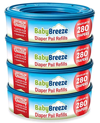 BabyBreeze Diaper Pail Refill Bags Compatible with Playtex Diaper Genie Pails Odor Absorbing Diaper Disposal Trash Bags – 1120 Count (4-Pack)