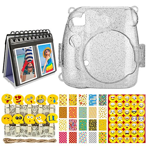 Glitter Clear Hard Case for Fuji Instax Mini 9, 8, 8+ Cameras + Album Desk Frame + Photo Peg Pins with Emoji Faces + Scrapbooking Stickers + 20 Sticker Frames for Fuji Instax Prints Emojis Package