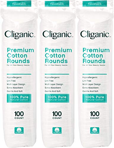 Cliganic Premium Cotton Rounds for Face (300 Count) – Makeup Remover Pads, Hypoallergenic, Lint-Free | 100% Pure Cotton