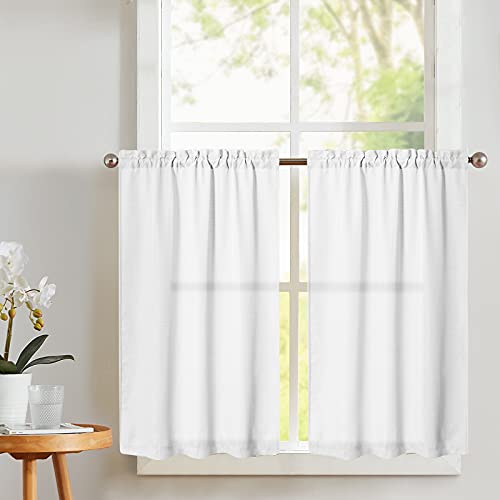 jinchan White Kitchen Curtains 45 Inch Length Cafe Curtains Farmhouse Rustic Short Curtains for Small Window Faux Linen Weave Tier Curtains for Bathroom RV Sink Semi Sheer Rod Pocket 2 Panels White