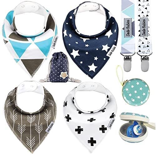 Dodo Babies Bandana Drool Bib Set – Four 100% Cotton Bibs with Soft Polyester Lining, 2 Pacifier Clips, Teal Binky Case, Gift Bag for Baby Girl or Boy Shower – Adjustable Snap Fit for 3-24 Months