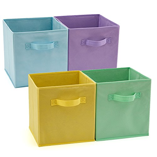 EZOWare Set of 4 Foldable Fabric Basket Bins, Collapsible Storage Organizer Cube 10.5 x 10.5 x 11 inch for Nursery, Playroom, Kids, Living Room – (Assorted Color)
