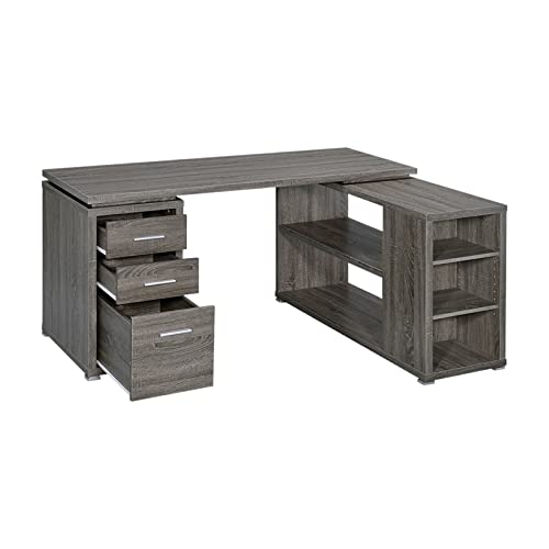 Pemberly Row L Shape Corner Storage Desk in Weathered Gray, Letter/Legal File, 5 Bookshelves