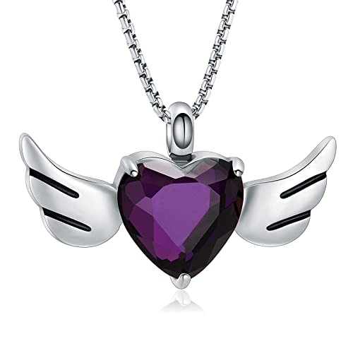 EternityMemory Purple Heart Crystal Wing Cremation Locket Necklace For Ashes Urn Jewelry For Women (Silver Tone)