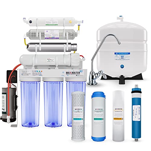 Max Water 9 Stage 50 GPD (Gallon Per Day) RO (Reverse Osmosis) Water Filtration System – Sediment + GAC + CTO + RO + U-.V + 3 in 1 Alkaline + Inline Post Carbon – with Faucet + Tank + Booster Pump