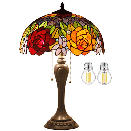 WERFACTORY Tiffany Table Lamp Stained Glass Bedside Lamp Red Rose 16X16X24 Inches Desk Reading Light Resin Base Decor Bedroom Living Room Home Office S001 Series